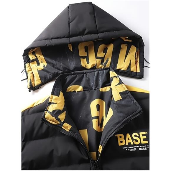 Men's Dynamic Black & Yellow Hooded Puffer - New Urban Style Jacket - Picture 9 of 10